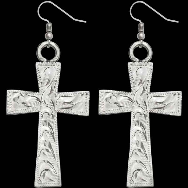 "This stunning set of Cross Earrings are crafted on a hand engraved, German silver base with a simple edge to show off the beauty of detailed scrolls.  .5"" x 1.5""

Browse more Western Jewelry by clicking Custom Bracelets and C